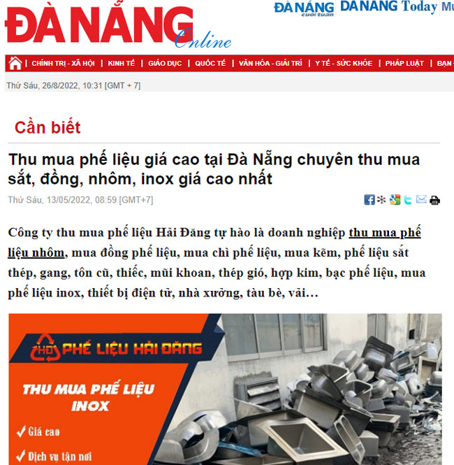 Báo Đà Nẵng đưa tin dịch vụ thu mua phế liệu Hải Đăng