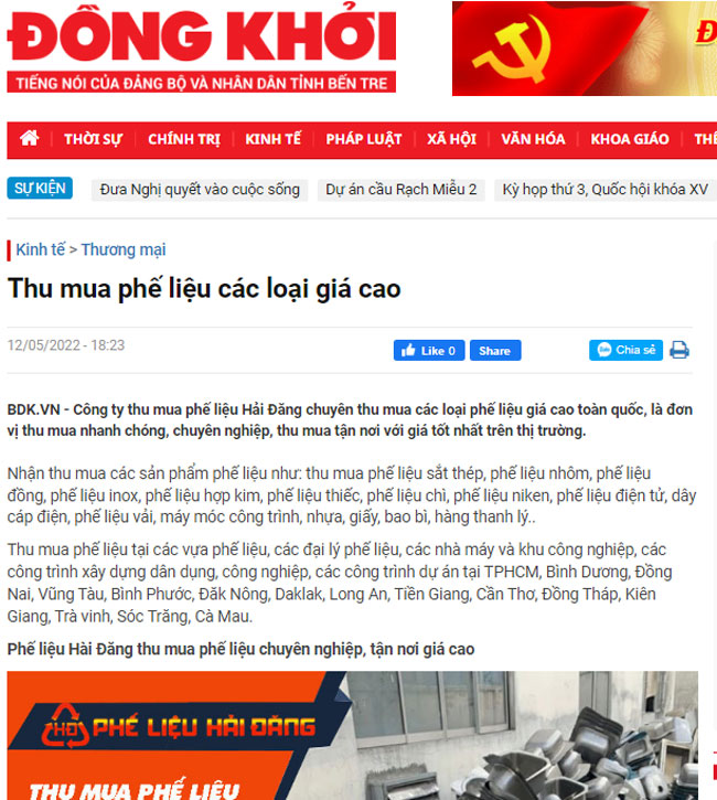 Báo Đồng Khởi đưa tin dịch vụ thu mua phế liệu Hải Đăng