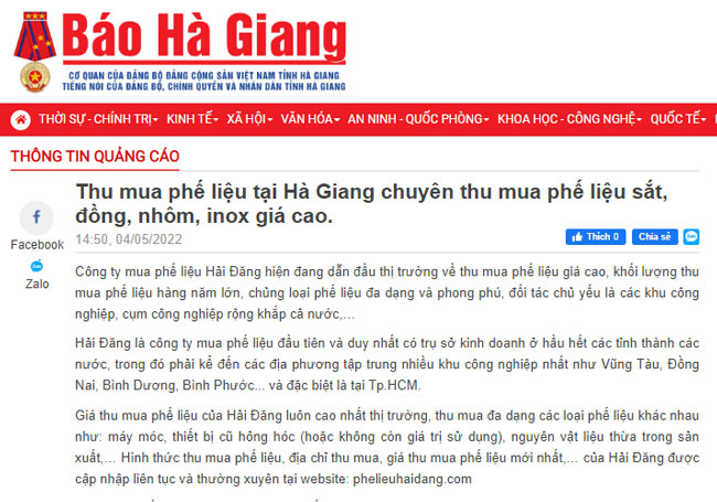 Báo Hà Giang đưa tin dịch vụ thu mua phế liệu Hải Đăng