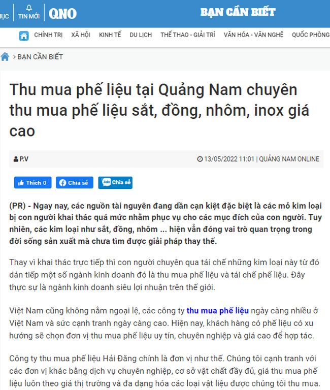 Báo Quảng Nam đưa tin dịch vụ thu mua phế liệu Hải Đăng